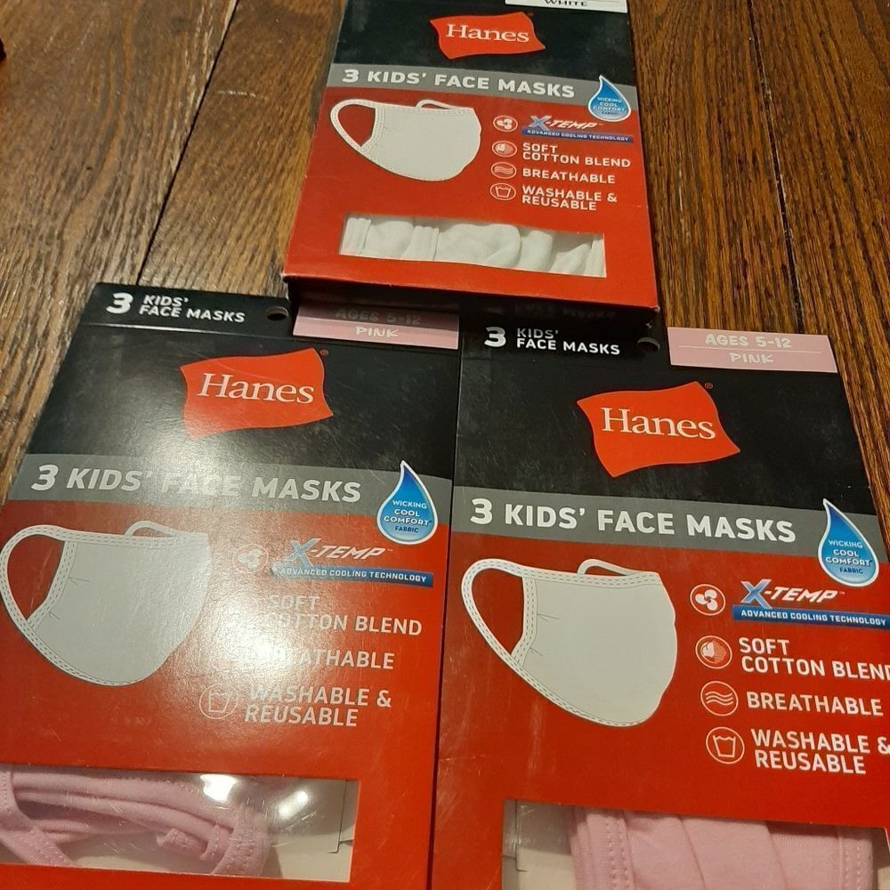 New NINE Hanes X-Temp Kids 5-12 Facemasks- 6 Pink 3 White Cooling Techno…
